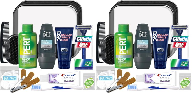 Men's Super Deluxe 16-Piece Travel Kit - TSA Compliant Essentials in Reusable Zippered Bag | Pack of 2