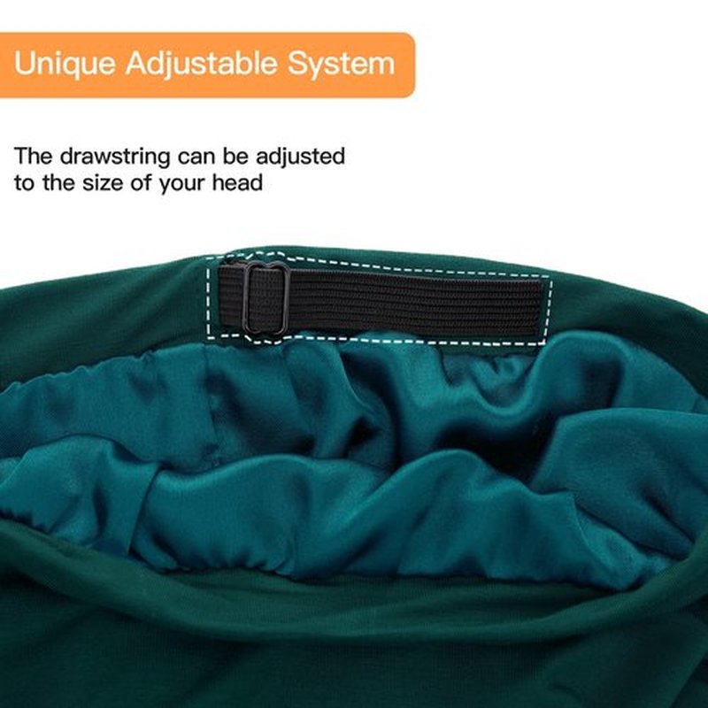 Silk Satin Lined Bonnet Sleep Cap - Adjustable Stay on All Night Hair Wrap Cover Slouchy Beanie for Curly Hair Protection for Women and Men - Solid Forrest Green
