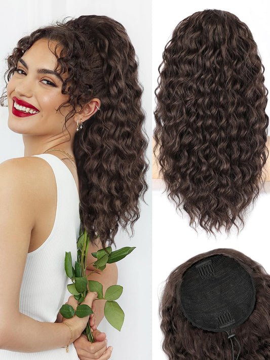 HMD Curly Ponytail Extension Drawstring Ponytail for Black Women Brown Curly Clip in Hair Extensions 18 Inch Ponytail Extension Synthetic Hairpiece for Daily Party