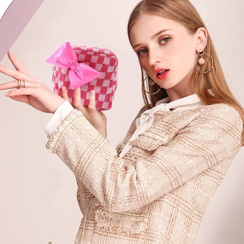 LYDZTION 2Pcs Small Makeup Bag Cosmetic Bag for Women, Checkered Makeup Bag Plaid Makeup Bag Cute Small Makeup Bag Storage Bag Travel Toiletry Bag Organizer Bow Pouch,Blue and Pink