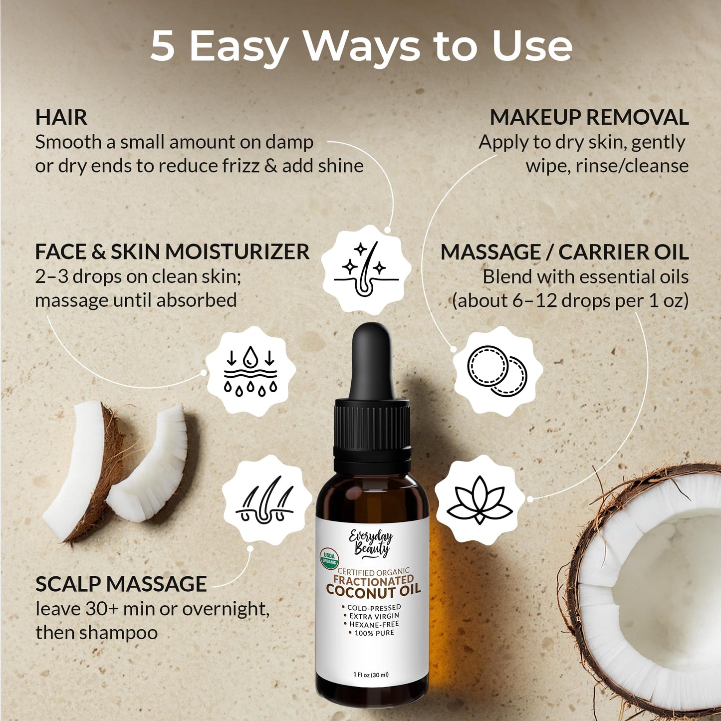 Organic Fractionated Coconut Oil | 100% Pure, Cold-Pressed | USDA Certified Organic | Amber Glass Bottle with Glass Dropper | For Face, Skin, & Hair - 1 Fl Oz