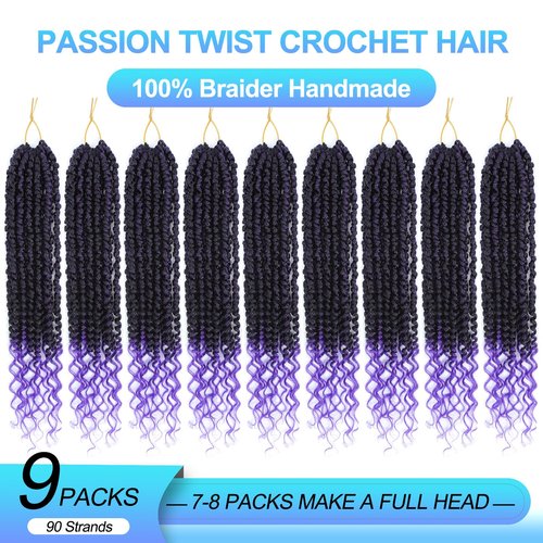 Pre-twisted passion twist hair Purple, 12 Inch 9 Packs Pretwisted Passion Twist Crochet Hair,Soft Pre Looped Curly Ombre Brown Crochet Hair For Women,Short Crochet Braids(12",Tpurple#)