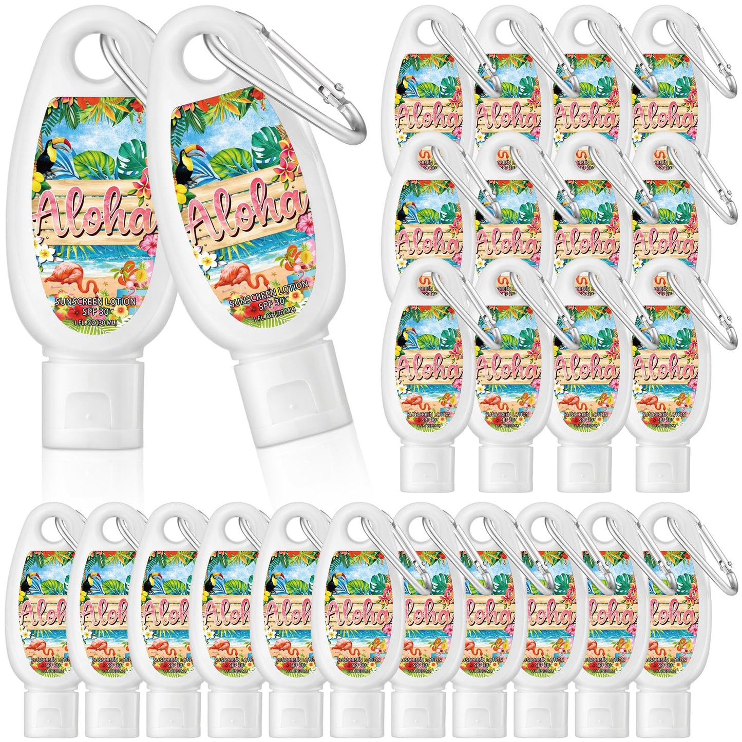 Leelosp 30 Pcs Luau Party Mini Sunscreen with Carabiner Bulk Travel Size 1 Fl. oz. Spf 30 Water Resistant Mini Sunblock Lotion Keychain Tropical Summer Beach Pool Aloha Haiwaii Party Supplies