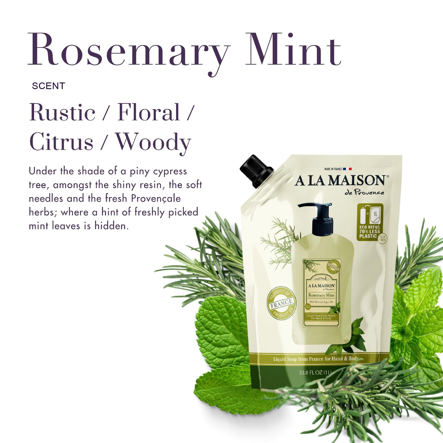 A LA MAISON Rosemary Mint Natural Hand Wash Made with Essential Oils - Biodegradable, Plant-Based, Vegan, Cruelty-Free (33.8 Fl Oz Refill, 2 Pack)