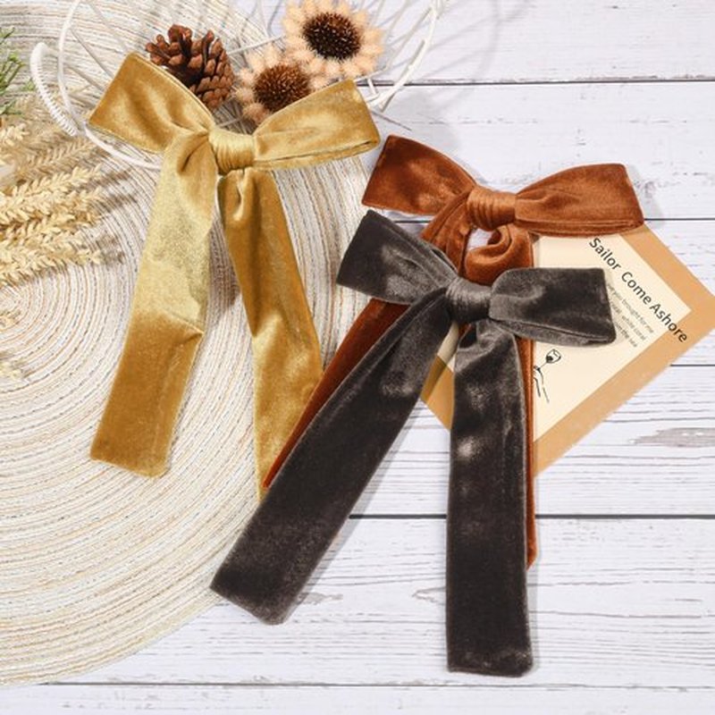CEELGON 3 PCS Long Tail Velvet Hair Bows Hair Bow Set for Toddler Girls Long Ponytail Knot Bows Alligator Clip Hair Accessories for Girls and Women (Gold, Orange Brown, Dark Brown)