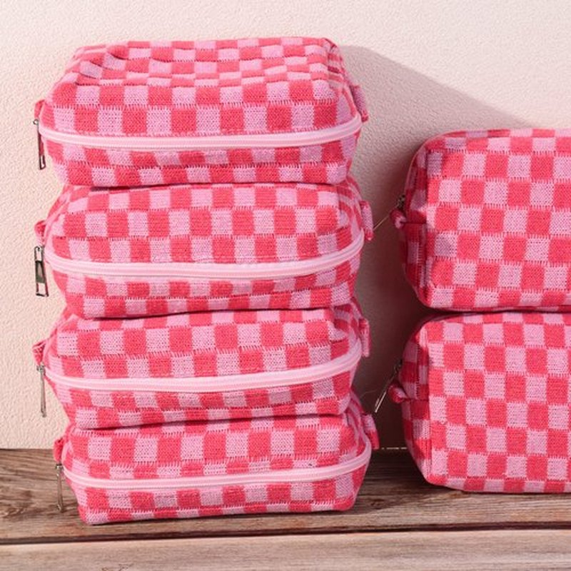 SOIDRAM Checkered Makeup Bag Preppy Cosmetic Bag Bulk Pink Makeup Pouch Personalize Travel Toiletry Bag Organizer Cute DIY Makeup Brushes Storage Bag for Women