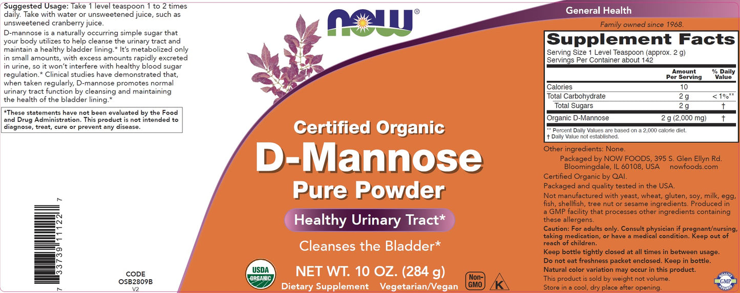 NOW Foods Pure, Organic D-Mannose 10 oz Powder (Pack of 2) - Bladder Cleanse and Urinary Tract Health Supplement - Non-GMO - Vegan Friendly - 2000mg / 2 Grams per Serving