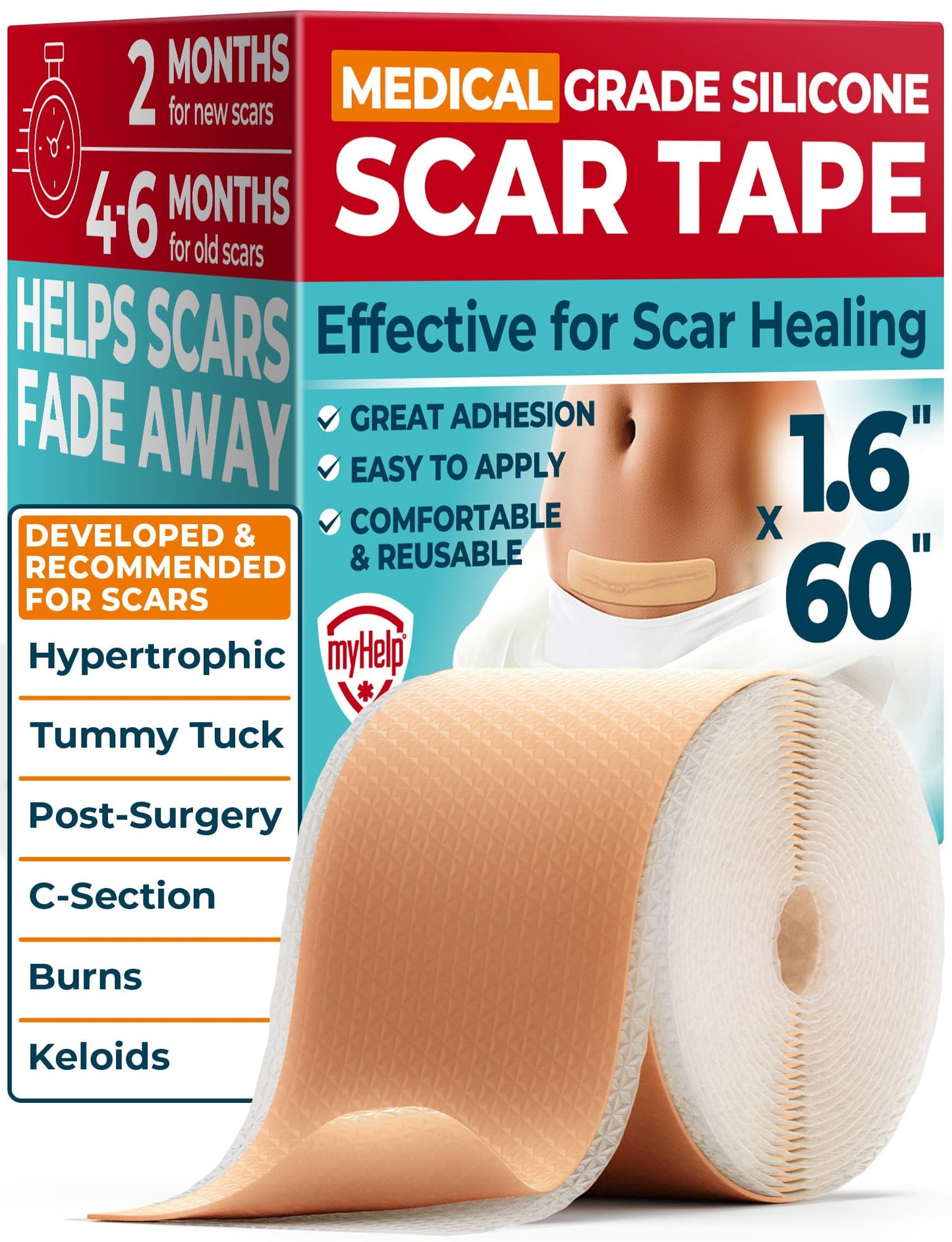 Medical Grade Silicone Scar Tape - 1.6”x60” - Visible Difference on Surgical & Keloid Scars - Reusable Silicone Scar Sheets - Easy to Use Silicone Tape for Scars
