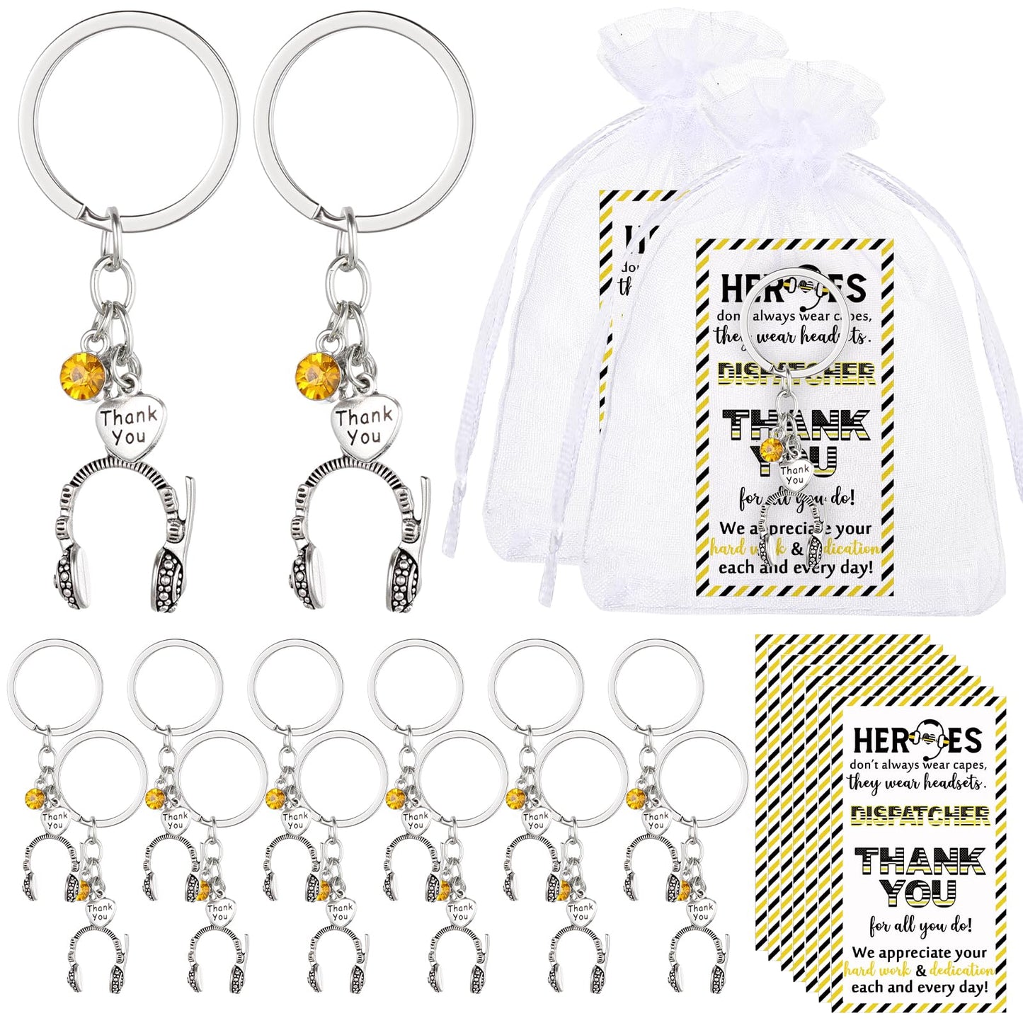 Quelay 12 Sets 911 Dispatcher Keychains Accessories Gifts Headset Keychain with Thank You Card 911 Telecommunicator Week Appreciation Gifts for Npstw Emergency Responder Retirement Office Team Staff