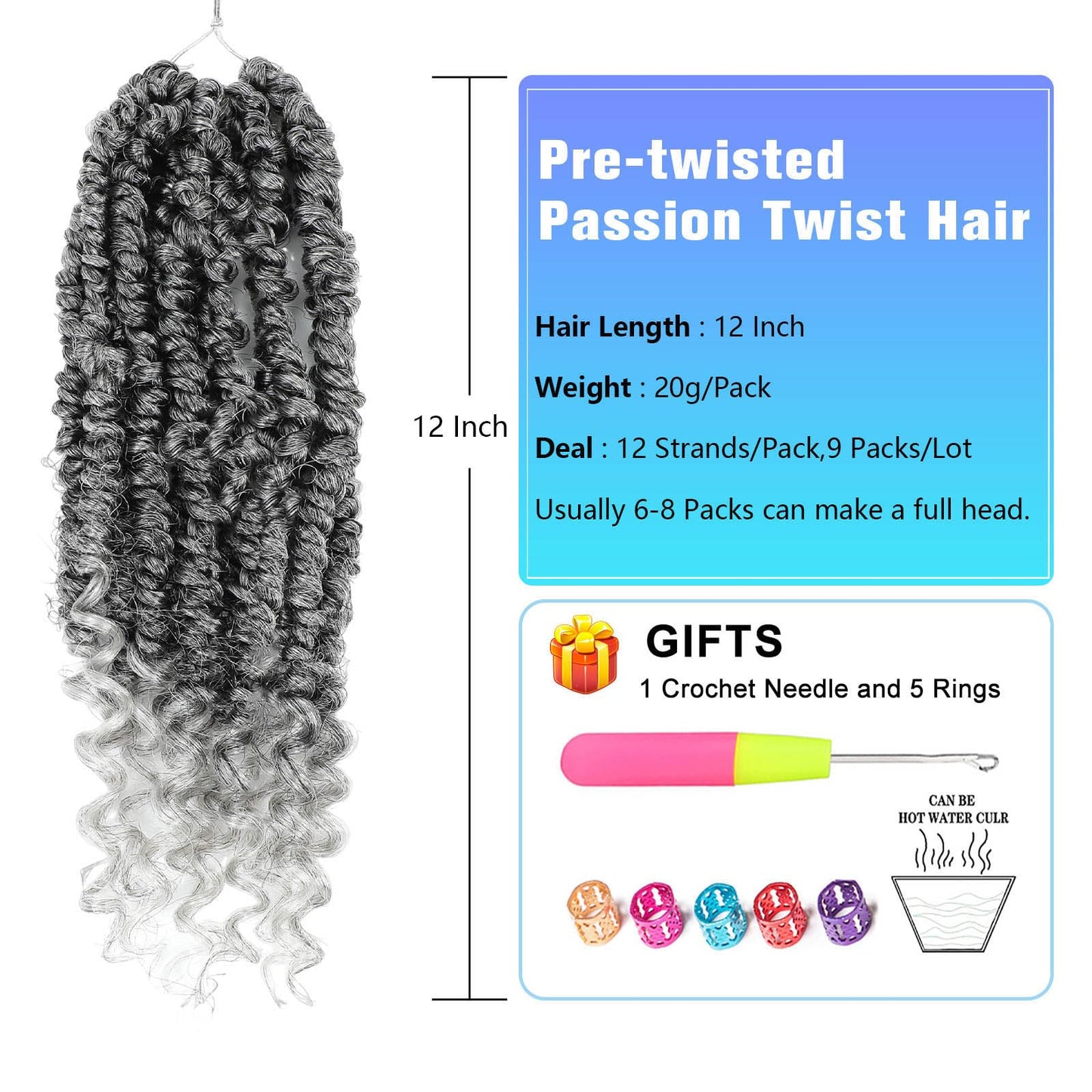 Grey Passion Twist Crochet Hair,12 Inch 9 Packs Pretwisted Passion Twist Hair, Soft Pre Looped and Pre twist Crochet Hair For Women，Short Curly Crochet Braids(12",9bundles,1B/Gray#)