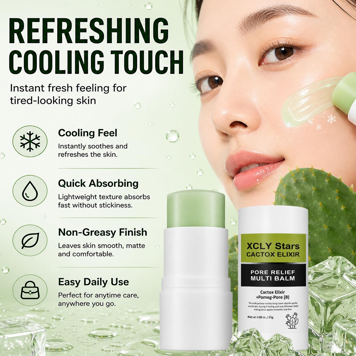 Cactus Pore Relief Multi Balm Stick Instant Cooling & De-Puffing, Helps Reduce the Look of Puffy Skin & Enlarged Pores, Pore Minimizing with Cactus Extract, Face & Eye Skincare Balm Stick - 2 Pack