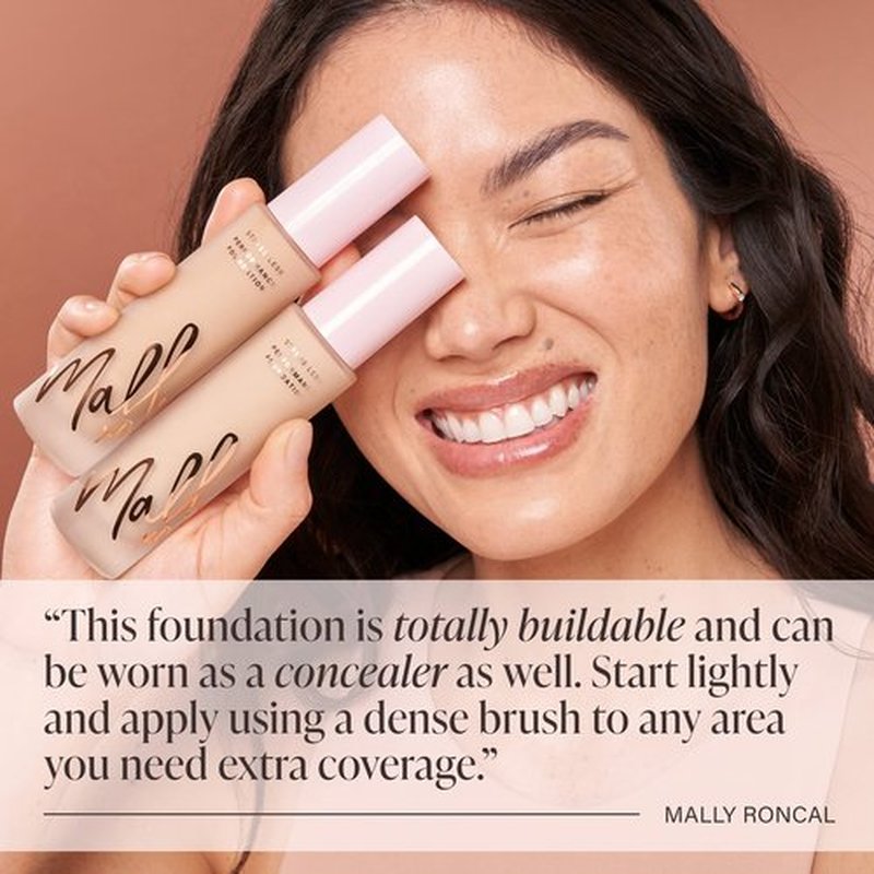 Mally Beauty Stress Less Performance Foundation - Deep - Buildable Medium to Full Coverage - Lightweight Foundation Liquid - Niacinamide Brightens and Hydrates Skin - Satin Finish