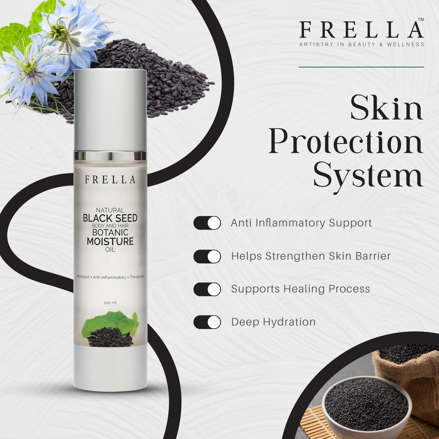 Frella Natural Black Seed Oil, For Body, Face and Hair, Travel Pack Botanic Moisturizing Oil, plant-based ingredient, For Female and Male, Size 3.4 fl oz