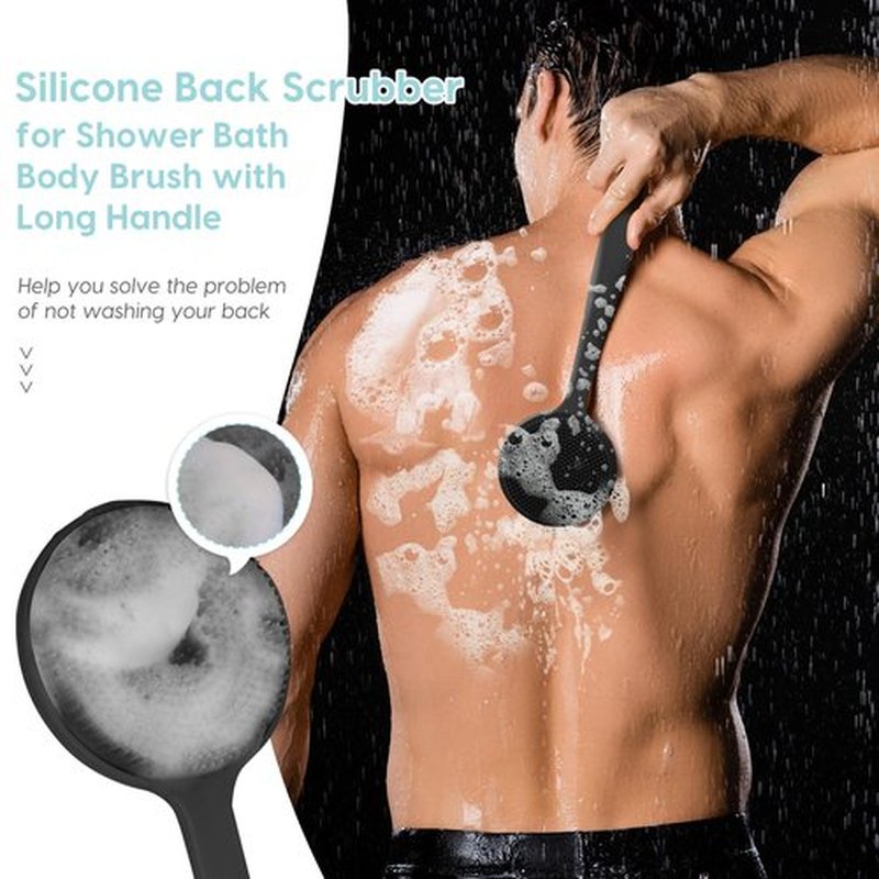 VWMYQ Silicone Back Scrubber for Shower, 17in Lengthen Long Handle Body Brush, Double Sided Shower Brush for Shower Exfoliating and Massage Can Produce Rich Foam, Long Handle Back Scrubber for Men