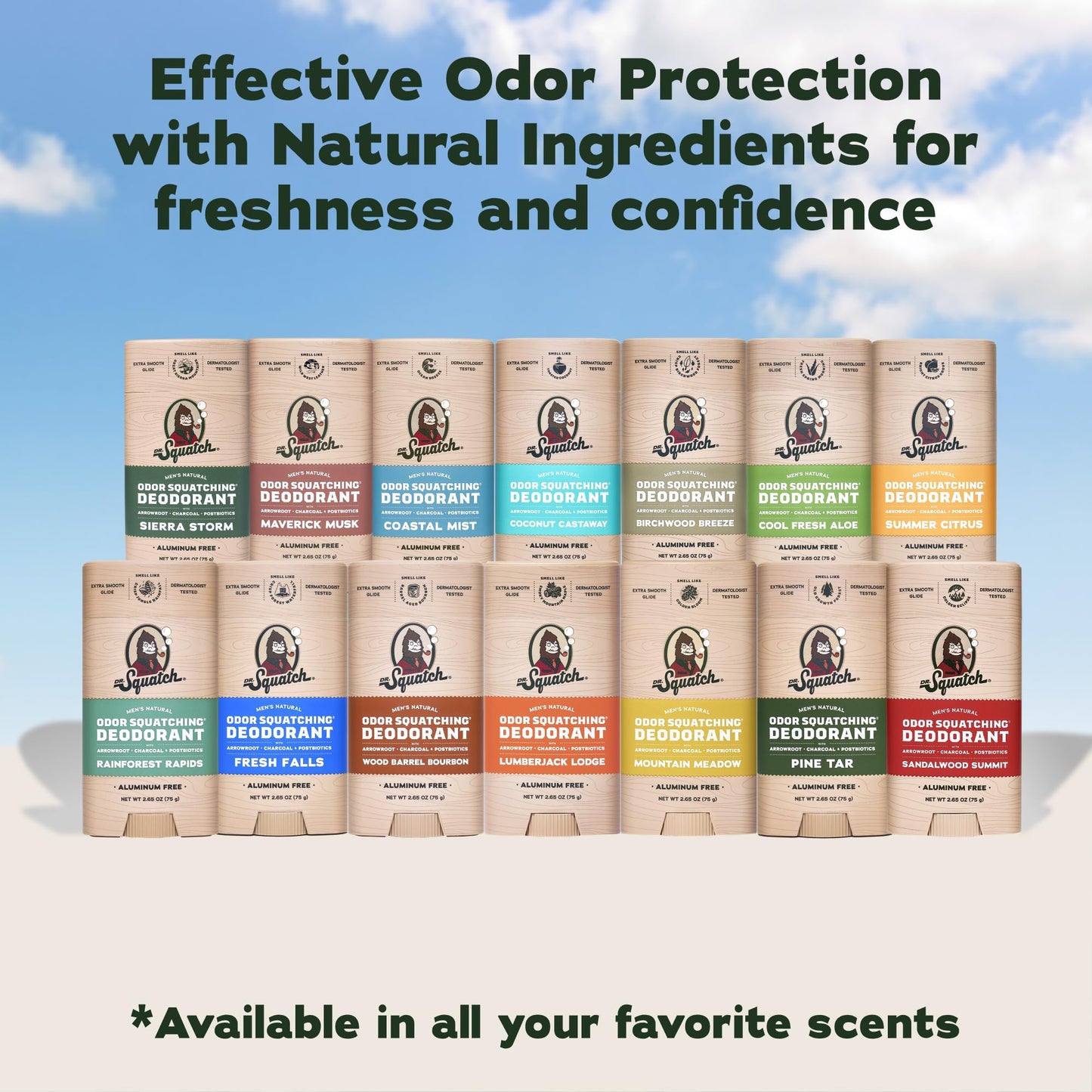 Dr. Squatch Natural Men’s Deodorant – Aluminum Free Natural Deodorant Men with Charcoal & Postbiotics for 72-Hour Odor Protection – Fresh Falls + Summer Citrus, 2.65oz Stick (2-Pack)