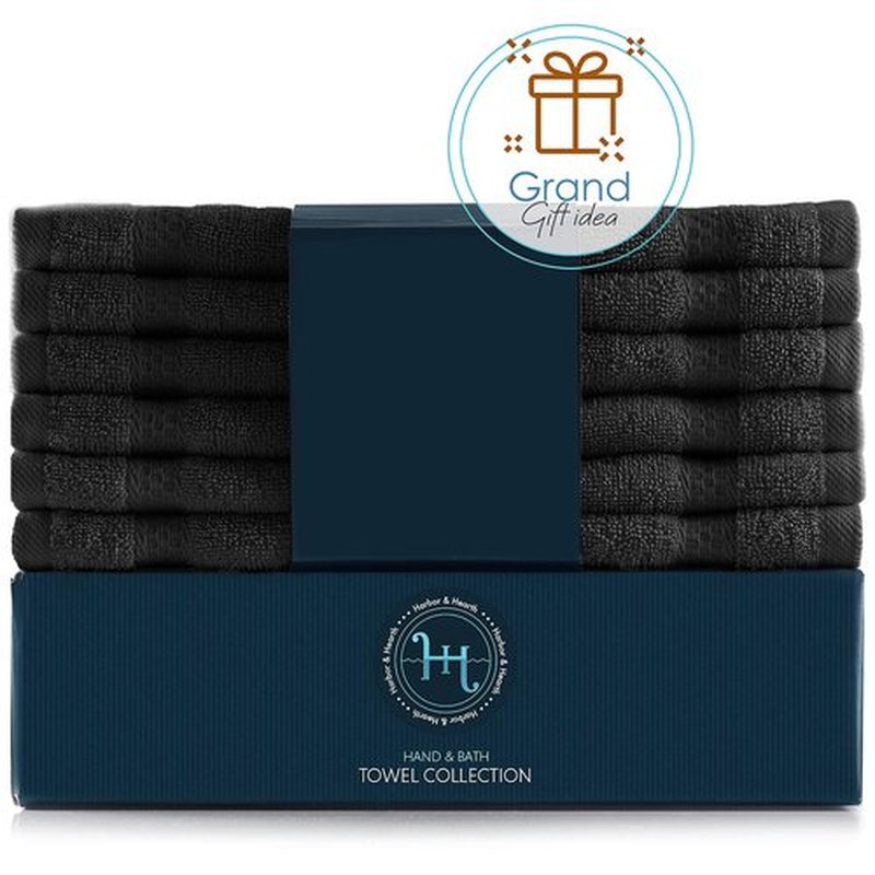Hearth & Harbor Washcloths 12 Pack - 100% Cotton Washcloth for Body and face, High Absorbent and Soft 13"x13" Body Wash Cloth, Quick Dry - Black Washcloths