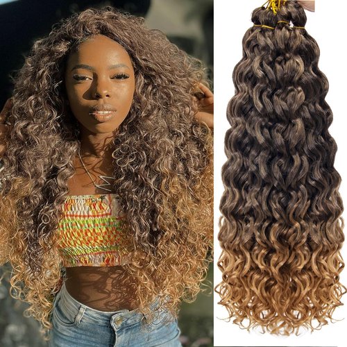 Ocean Wave Crochet Hair 24inch Deep Wave Curly Crochet Hair For Women Hawaii Curly Braiding Hair Synthetic Bohemian Crochet Braid Water Wave Crochet hair Extensions (6Packs, 1B/27)