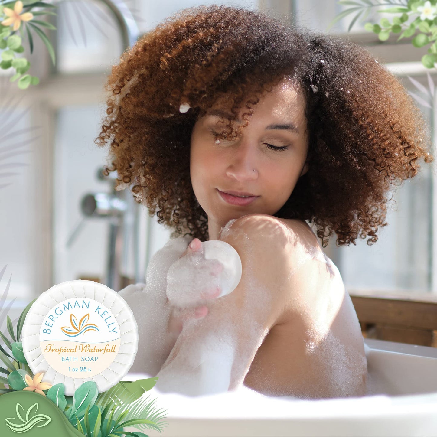 BERGMAN KELLY Round Soap Bars, 2in1 Shampoo & Conditioner 2-Piece Set (Tropical Waterfall, 1 oz each, 100 pc), Delight Your Guests with Revitalizing & Refreshing Hotel Amenities & Bulk Toiletries