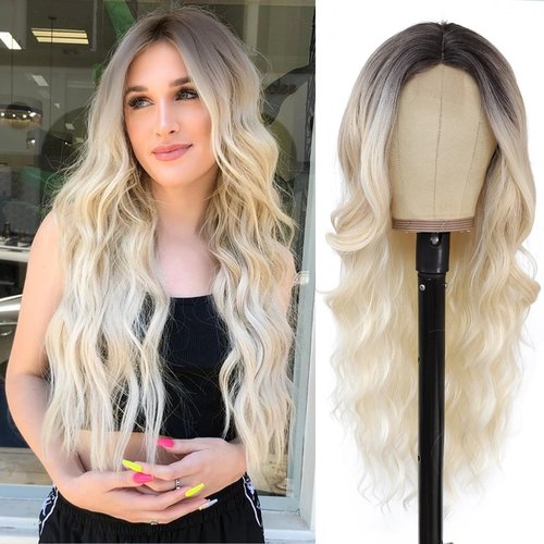 NAYOO Long Wavy Wigs for Women Middle Part Wavy Curly Wig with Dark Roots Synthetic Heat Resistant Fiber Women Wigs for Daily Party Use (Ombre Platinum Blonde)