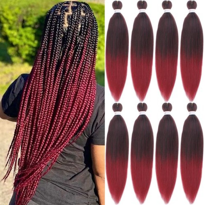 Unionbeauty 30 Inch 8 Packs Pre Streched Braiding Hair Long Ombre Burgundy Braiding Hair for Box Braids Crochet Hair Hot Water Setting Yaki Texture Synthetic Crochet Braid Hair Extension (1B900#)