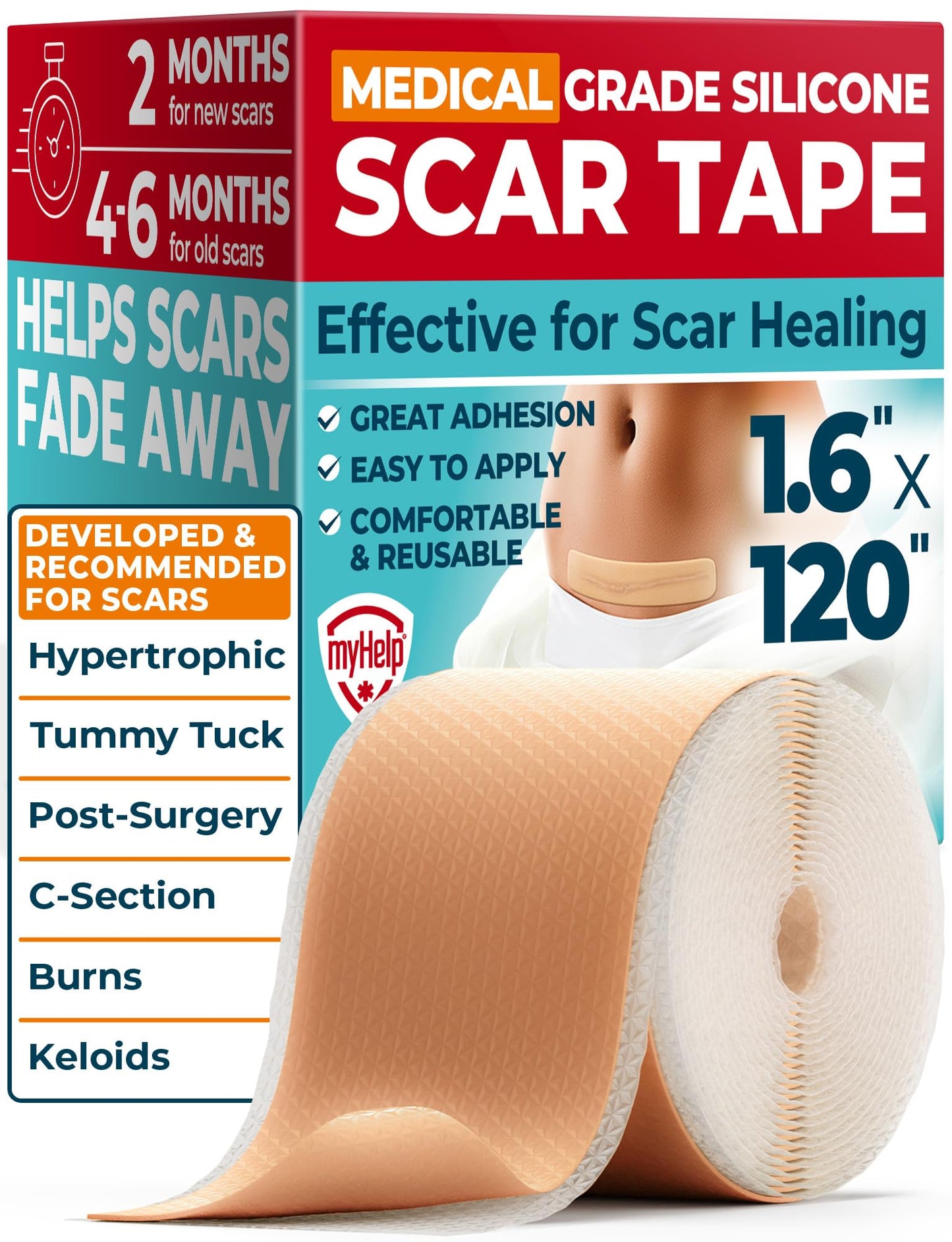 Medical Grade Silicone Scar Tape - 1.6”x120” - Visible Difference on Surgical & Keloid Scars - Reusable Silicone Scar Sheets - Easy to Use Silicone Tape for Scars