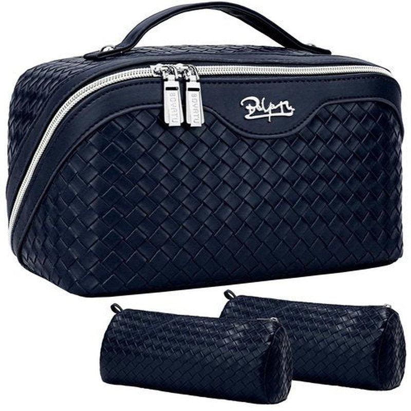 Makeup Bag Travel Cosmetic Case: Large Capacity Woven Cosmetic Bag Organizer - Portable Toiletry Bags with Handle for Women 1-Z-Dark Blue