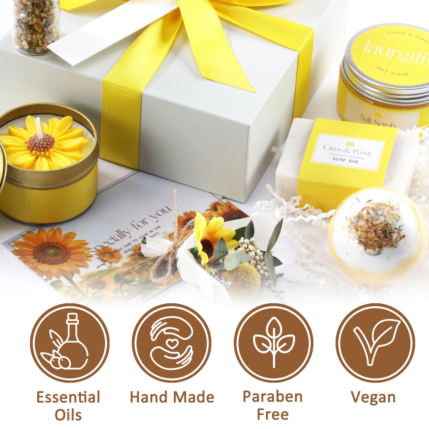 Birthday Gifts for Women – Yellow Sunshine Spa Gift Box, Luxury Bath & Self Care Package with Citrus & Peony Scent for Mom, Sister or Friend