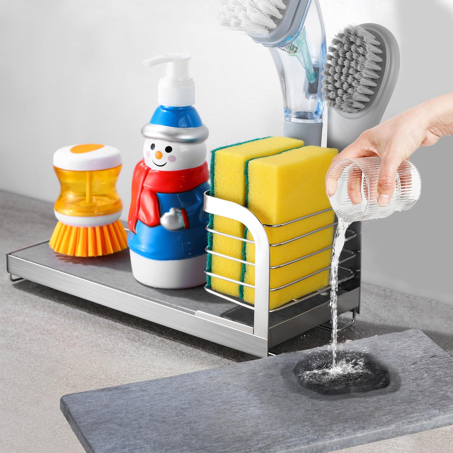 AIDILI Wipe-Free Sink Organizer with Drying Stone, Instant Dry Sink Caddy Organizers, Kitchen Sponge Soap Holder Dispenser, Countertop Fast Drying Counter Tray Rack