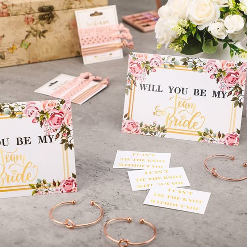 63 Pcs Bridesmaid Proposal Gifts Bulk Maid of Honor Gifts Matron of Honor Gifts Brides Bridesmaid Cosmetic Makeup Bag Hair Knotted Bracelets Invitation Cards for Wedding Bachelorette (Floral Style)