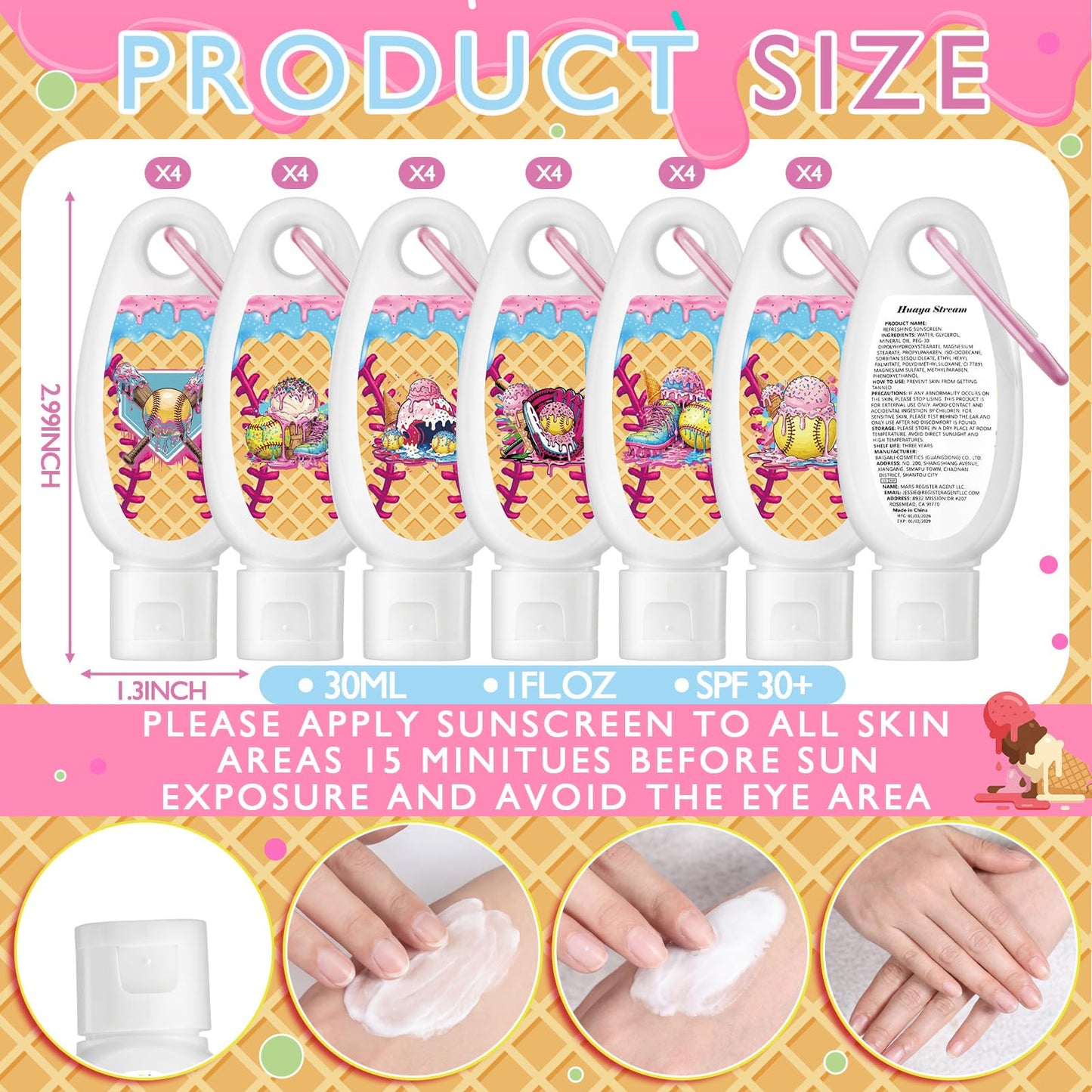 Leelosp 24 Pcs Softball Drip Mini Sunscreen Bulk Travel Size 1oz Cream Drip Party Favor Softball Team Gifts Bulk Sunscreen Keychain with Clip Spf 30 Broad Spectrum Sport Accessory Girl
