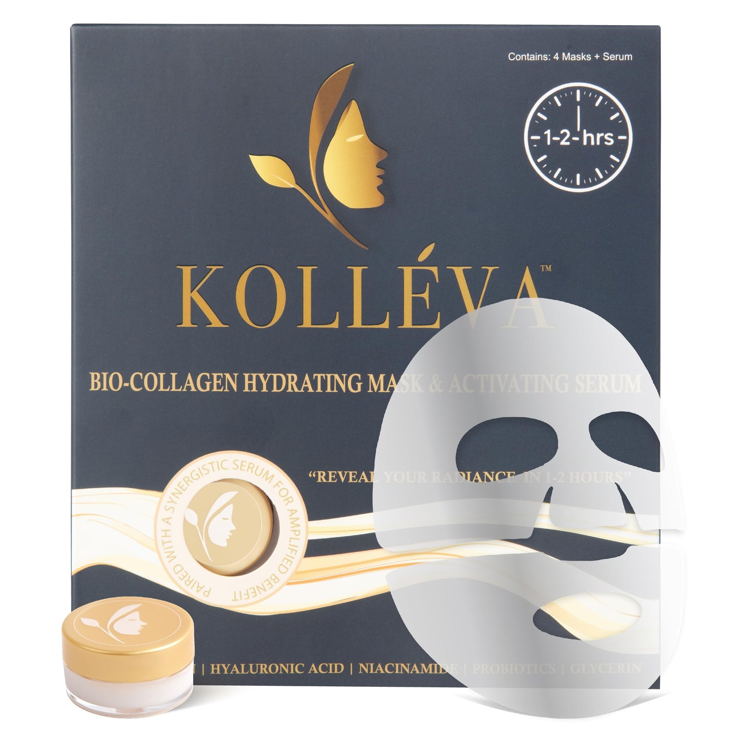 Kolléva Bio-Collagen Hydrogel Face Masks - Instant 2-Hour Radiant Glow & Deep Hydration, Clinical-Grade Anti-Aging - 4 Pack with Activating Serum, USA Innovation