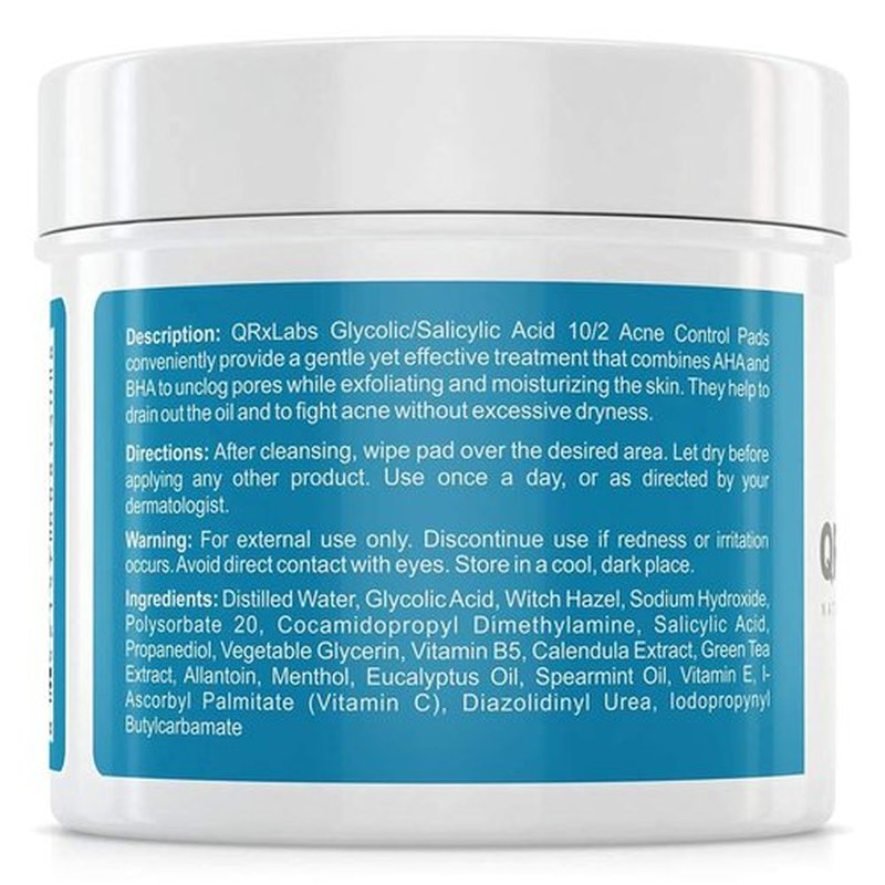 QRxLabs Glycolic/Salicylic Acid 10/2 Acne Control Pads w/ 10% Ultra Pure Glycolic Acid + 2% Salicylic Acid, Allantoin, Vitamin B5, C & E, Calendula & Green Tea - Acne Treatment for Face for Clear Skin