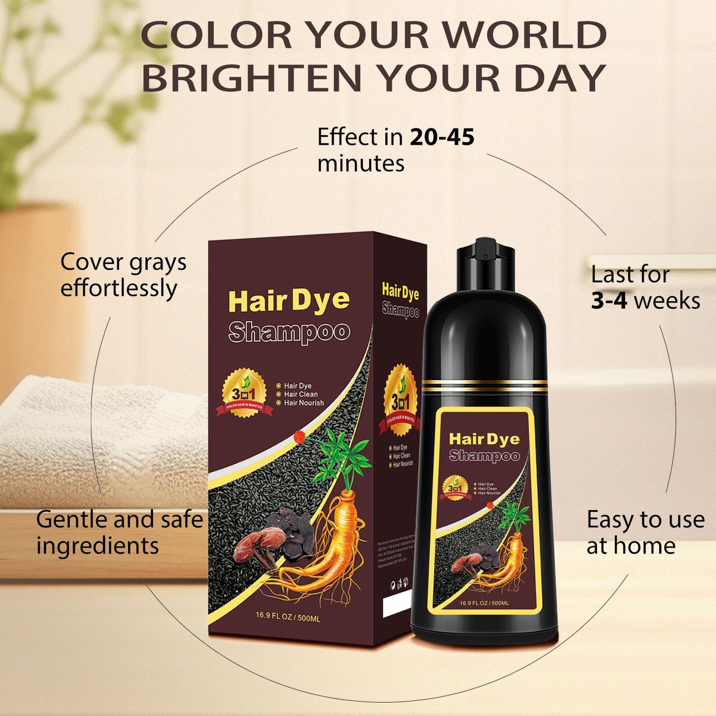 Hair Dye Shampoo 3 in 1, Long-Lasting Hair Color Shampoo with Herbal Ingredients, Instant Magic Hair Dye, Easy Application Shampoo Para Canas for Women Men 16.9 Fl Oz (Purple)