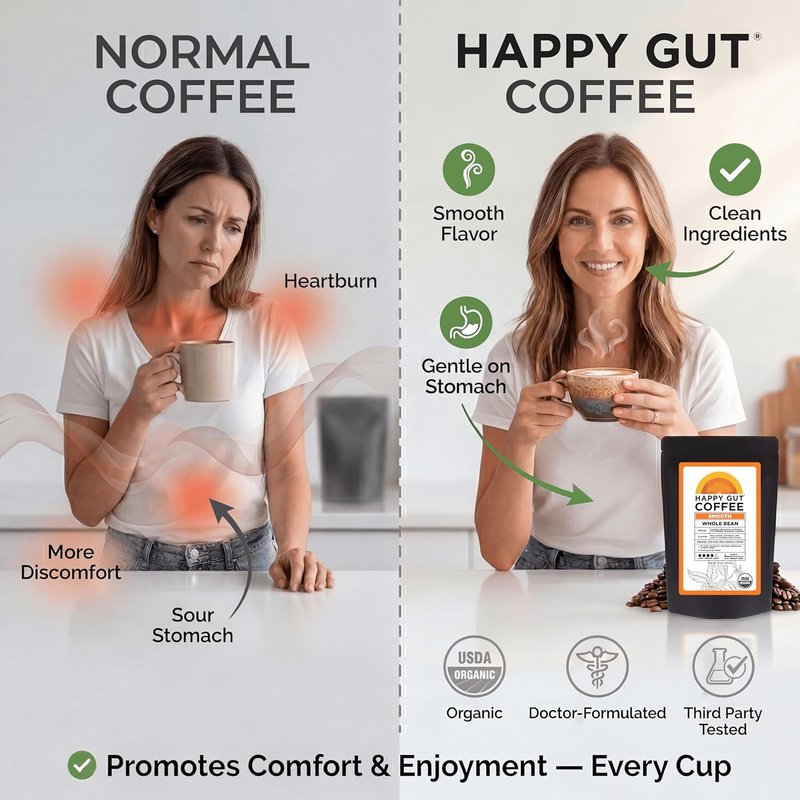 Happy Gut Coffee - Organic Medium-Dark Roast Coffee for Gut Health - 12oz Ground | Smooth Flavor, Gluten-Free