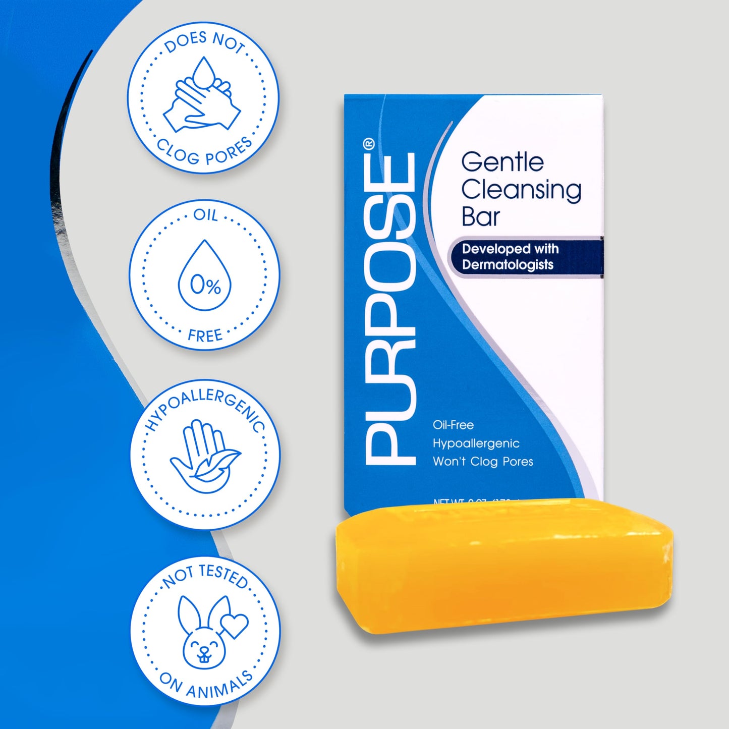 PURPOSE Gentle Cleansing Bar, Developed with Dermatologists, For All Skin Types, For Sensitive & Dry Skin, Oil-free, Hypoallergenic, Sulfate-Free, 6 oz Bar (Pack of 6)