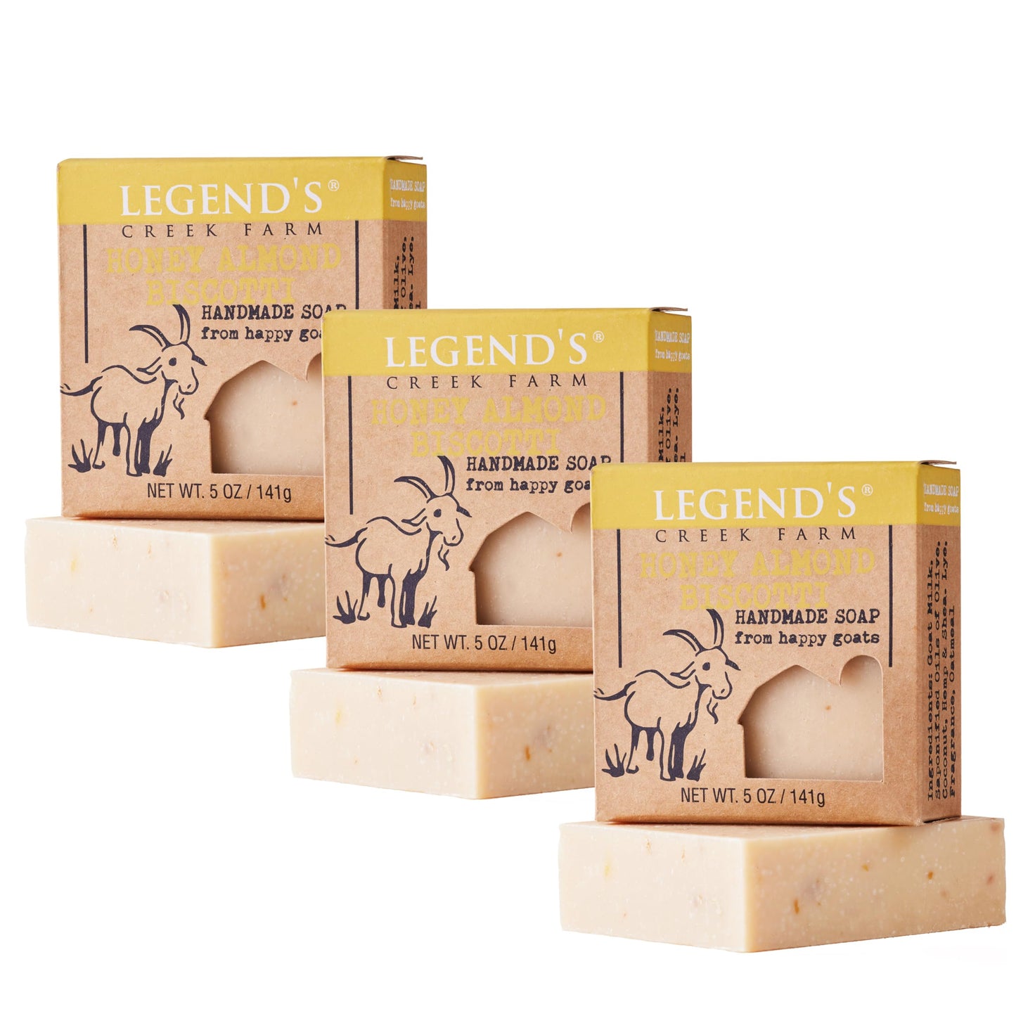 Legend's Creek Farm Goat Milk Soap - Cleansing Moisturizing Bar for Hands and Body - 5 Oz Creamy Lather, Nourishing, Gentle Natural Soap for Sensitive Skin (Honey Almond Biscotti, Pack of 3)