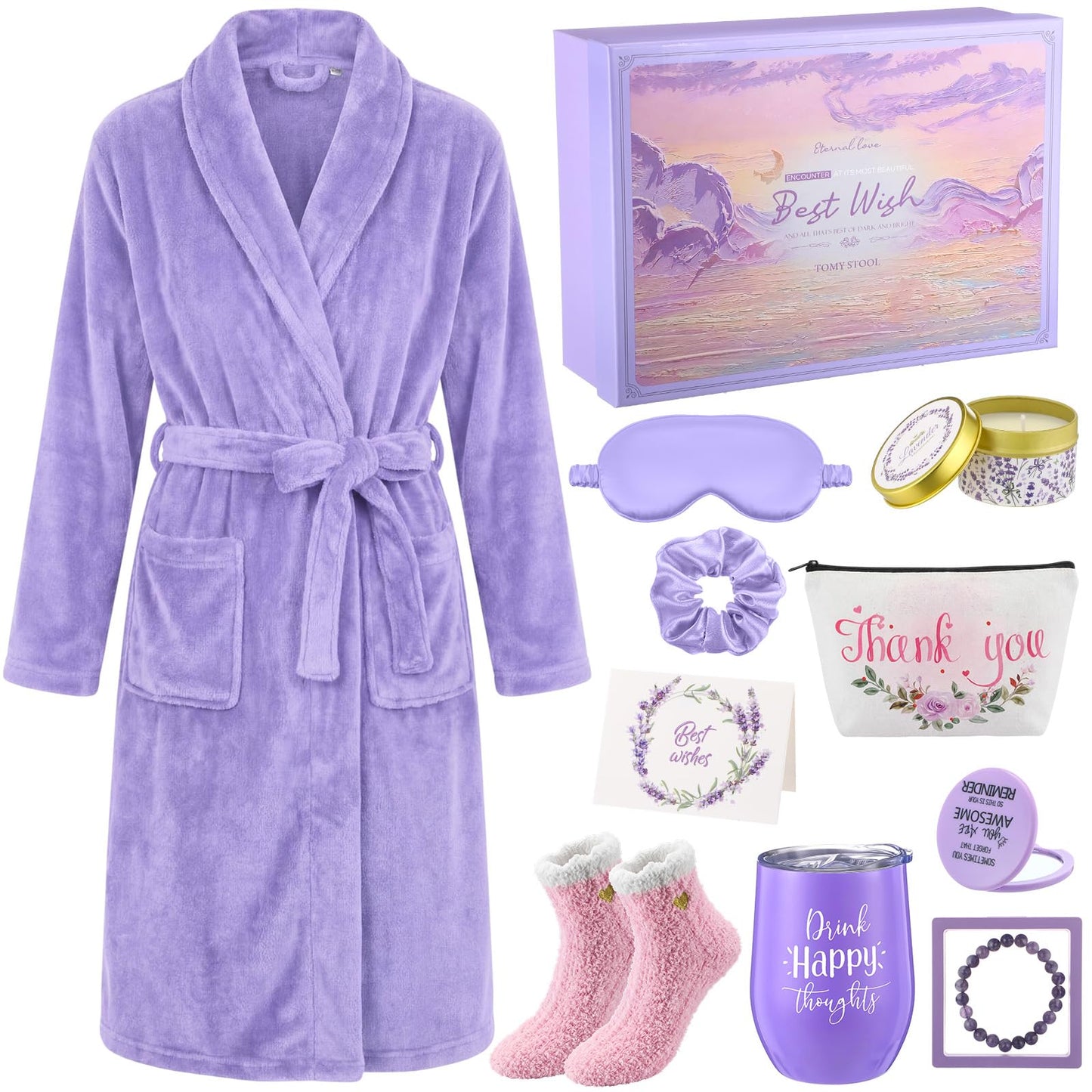 Sieral 12 Pcs Birthday Gifts for Women Spa Basket Set for Women Mother's Day Gifts Flannel Bathrobe Tumbler Scented Candle Makeup Bag Eye Mask Mirror Bracelet for Mom, Nurse, Wife, Girlfriend
