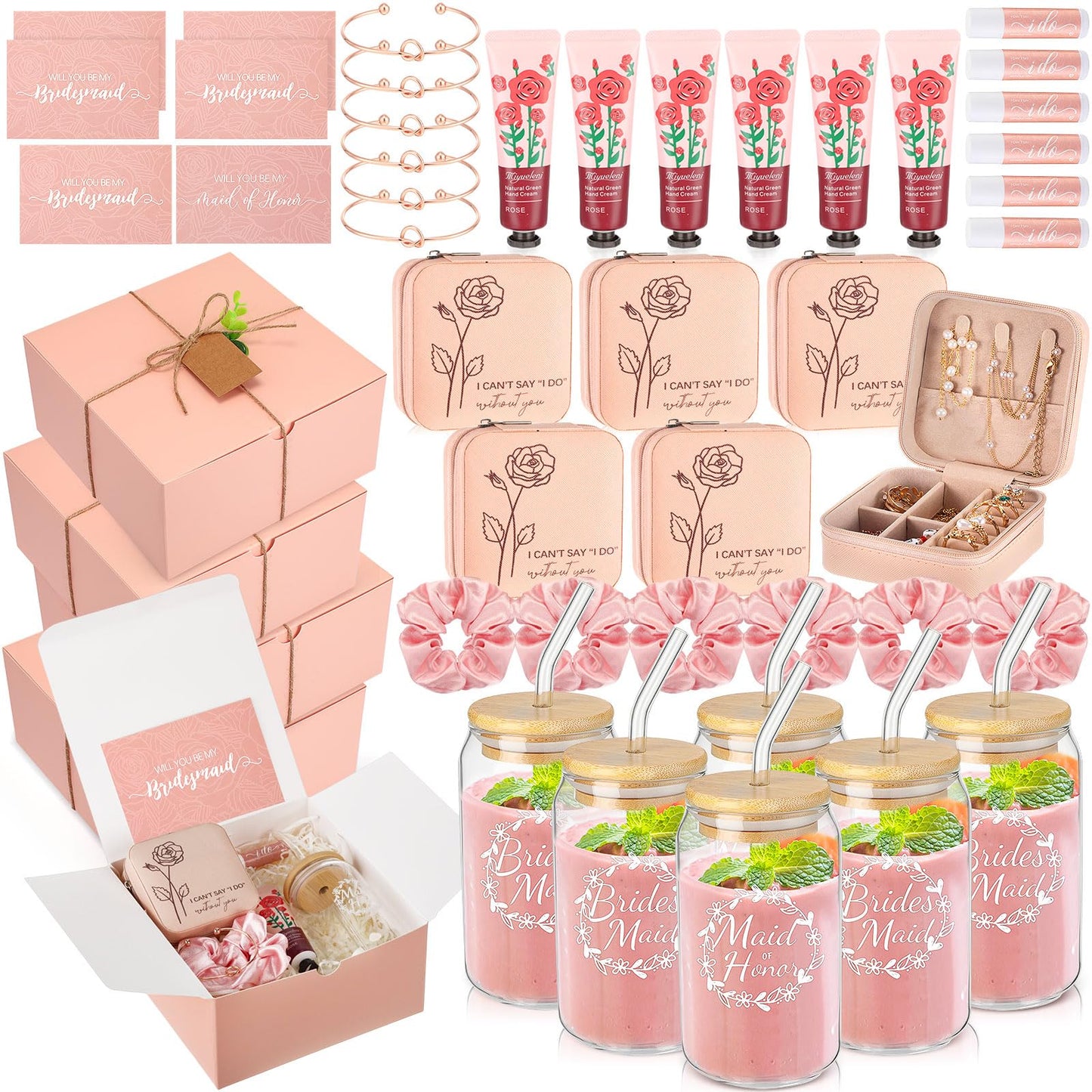 Teenyyou 60 Pcs Bridesmaid Proposal Gifts Bridesmaid Box Set Maid of Honor Gift Wedding Bridal Shower Include Jewelry Box Glass Cup Scrunchies Hair Knotted Bracelets Hand Cream Lip Balm Cards(Pink)
