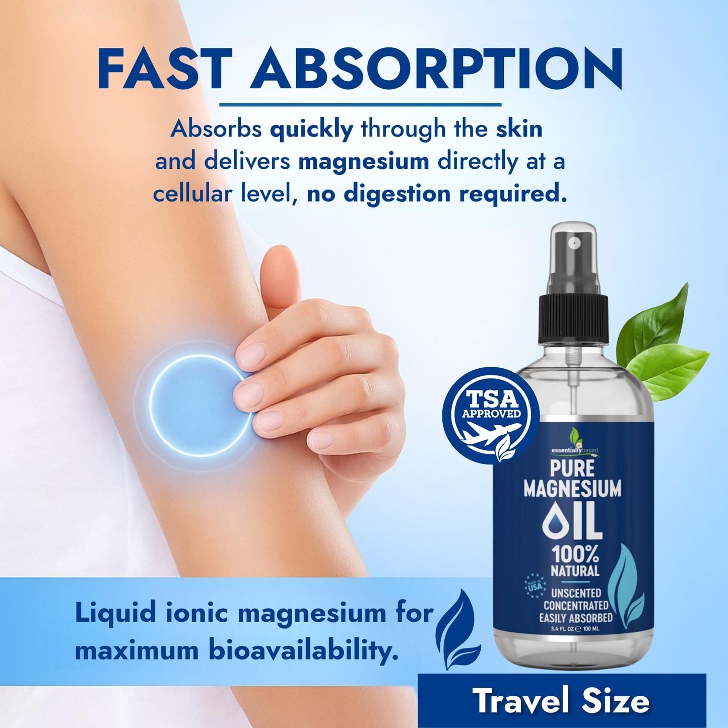Pure Magnesium Oil Spray 3.4oz Travel Size - Topical Magnesium Spray for Sleep & Feet - Extra Strength - USP Grade - 100% Natural and Organic Oil for Muscle Pain & Cramps - TSA Approved - Made in USA