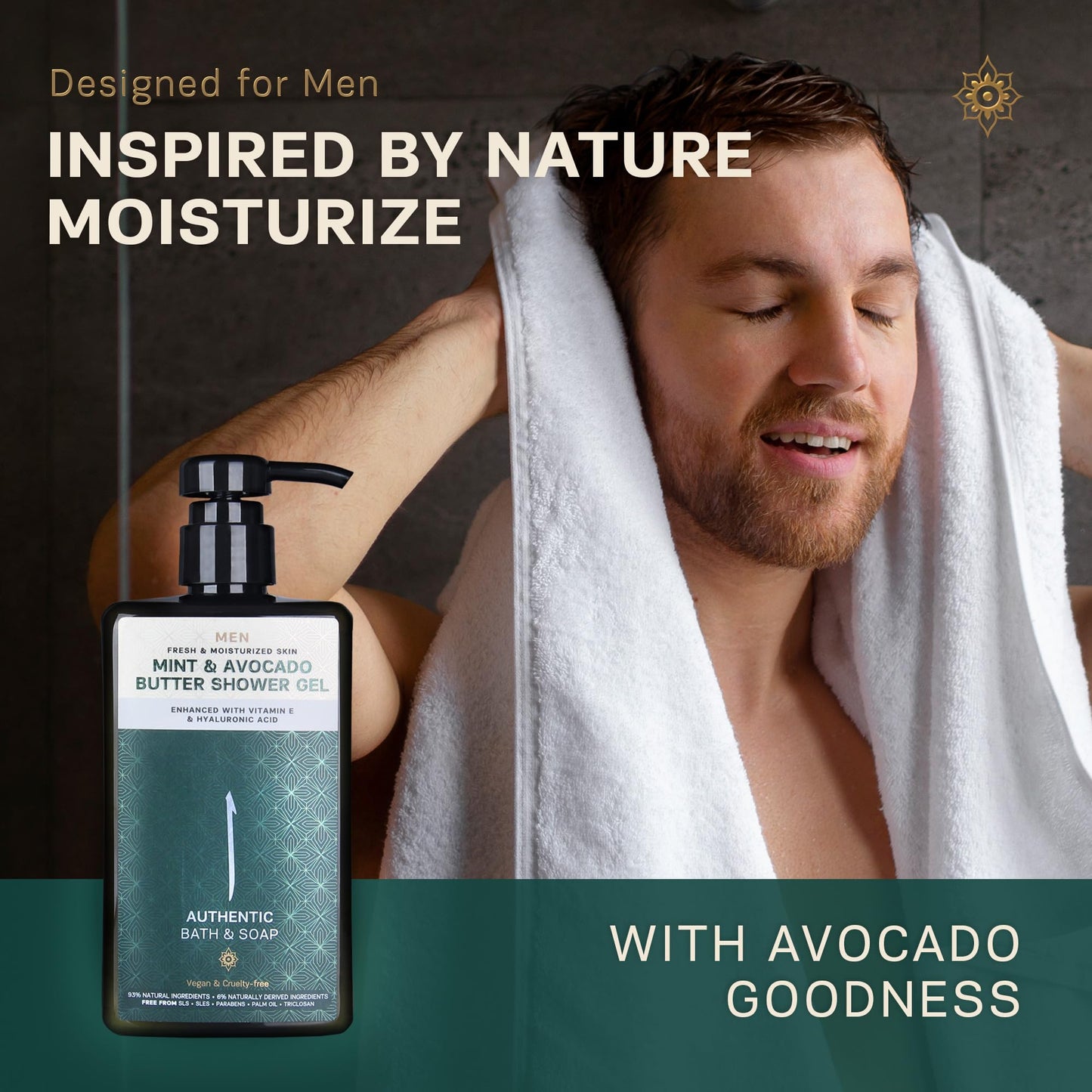 AUTHENTIC BATH & SOAP Sensitive Skin Body Wash – Organic Mint Essential Oil & Avocado Butter – Hydrating Shower Gel with Vitamin E & Hyaluronic Acid – SLS Free, Moisturizing & Refreshing, 16.9 Fl Oz