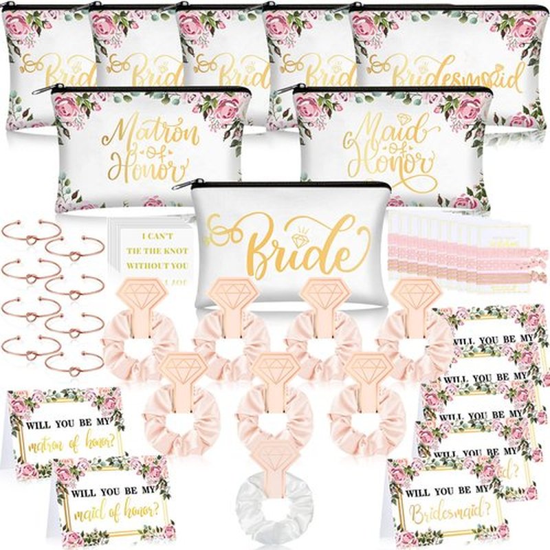 63 Pcs Bridesmaid Proposal Gifts Bulk Maid of Honor Gifts Matron of Honor Gifts Brides Bridesmaid Cosmetic Makeup Bag Hair Knotted Bracelets Invitation Cards for Wedding Bachelorette (Flower Style)