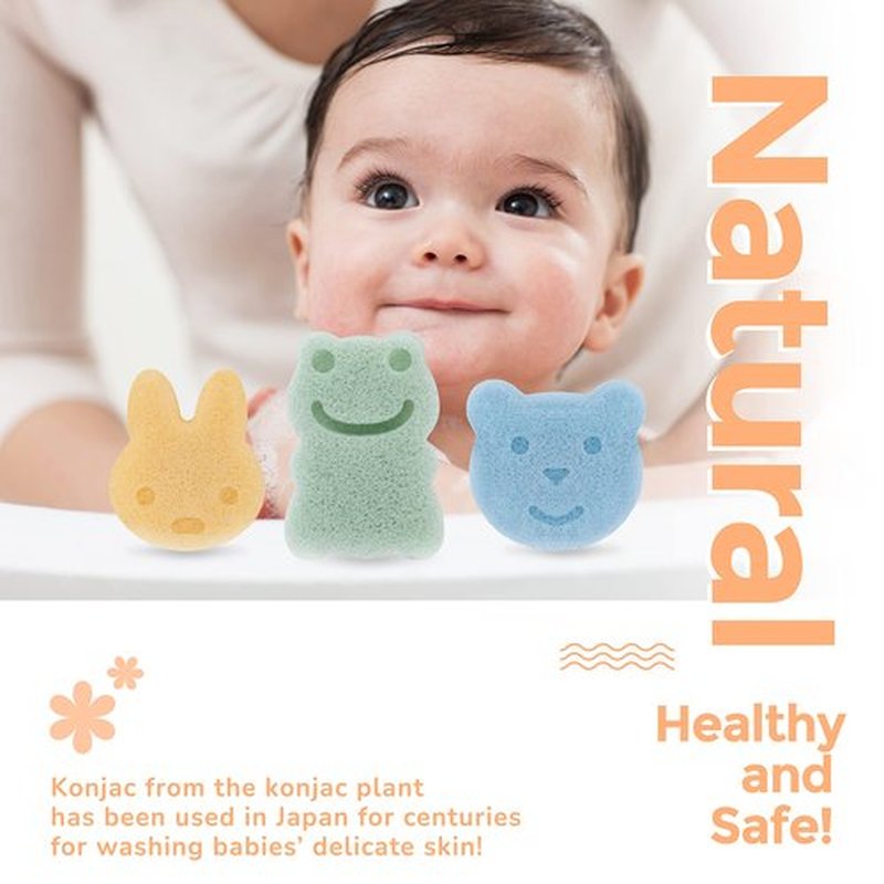 myHomeBody Konjac Baby Sponge for Bathing, Cute Shapes Natural Kids Bath Sponges for Infants, Toddler Bath Time, Natural and Safe Plant-Based Konjac Baby Bath Toys, 3pc. Set: Rabbit, Frog, Bear face