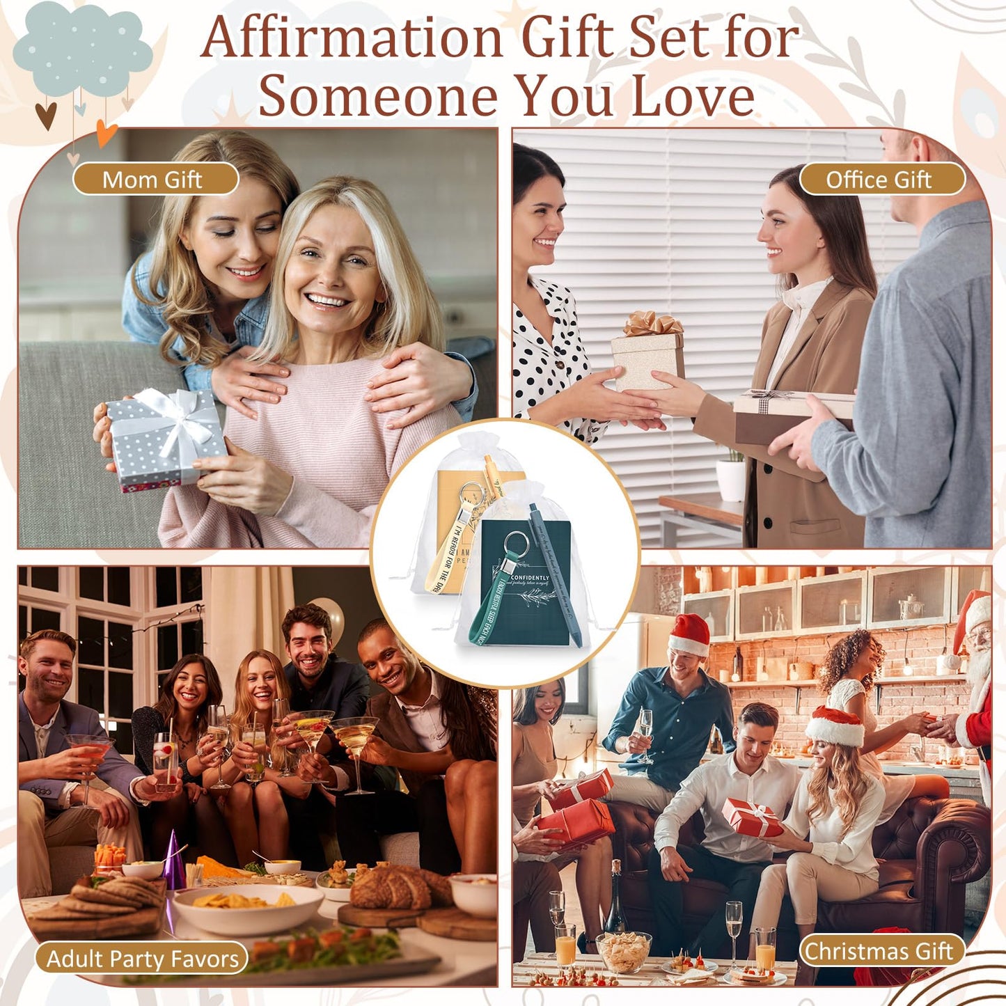 Mooliwe 24 Set Positive Affirmation Gift Set Gratitude Notebooks with Pens Keychains Small Bags Motivational Party Favors for Adult Women Coworkers Employee Group (Vibrant)