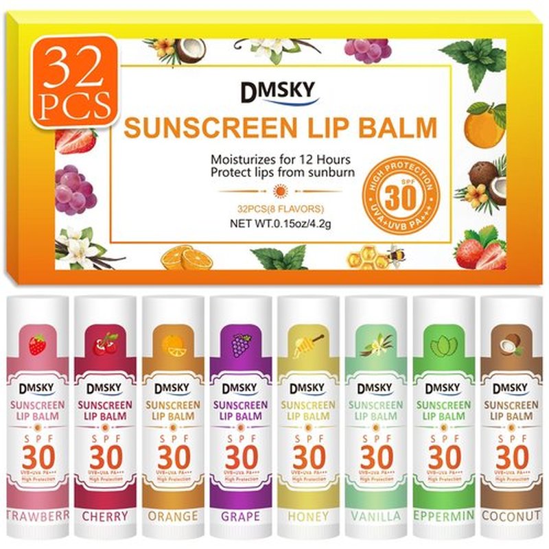 DMSKY SPF Lip Balm Bulk 32 Pack, Sunscreen Lip Balm SPF 30, Broad Spectrum UVA/UVB Protection, Lip Sunblock Bulk Sunscreen Travel Size