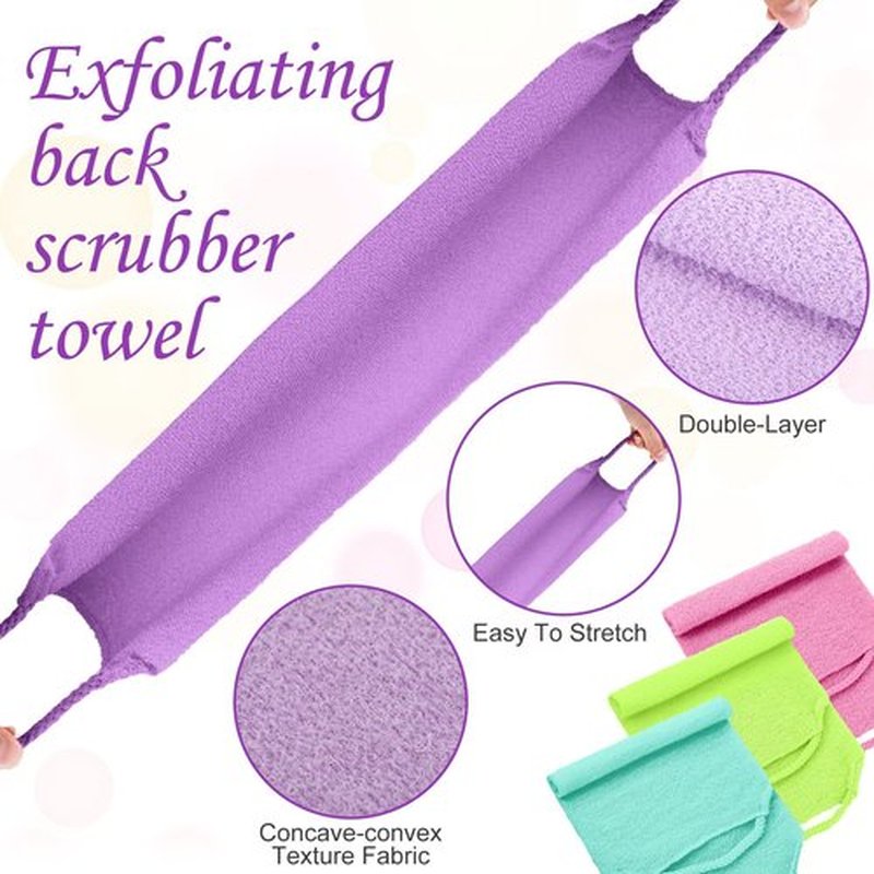 Moukeren Exfoliating Back Scrubber with Handles 4 Packs Nylon Back Exfoliator Extended Length Back Washers Scrubbers Stretchable Pull Strap(Pink, Blue, Fluorescent Green, Purple)