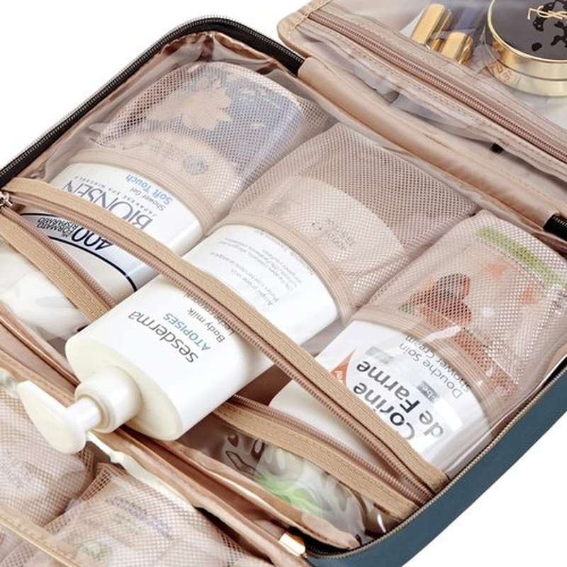 NISHEL Travel Toiletry Bag for women, Portable Hanging Organizer for Full-Sized Shampoo, Conditioner, Brushes Set, Makeup Accessories, Large Size, Lake-Blue
