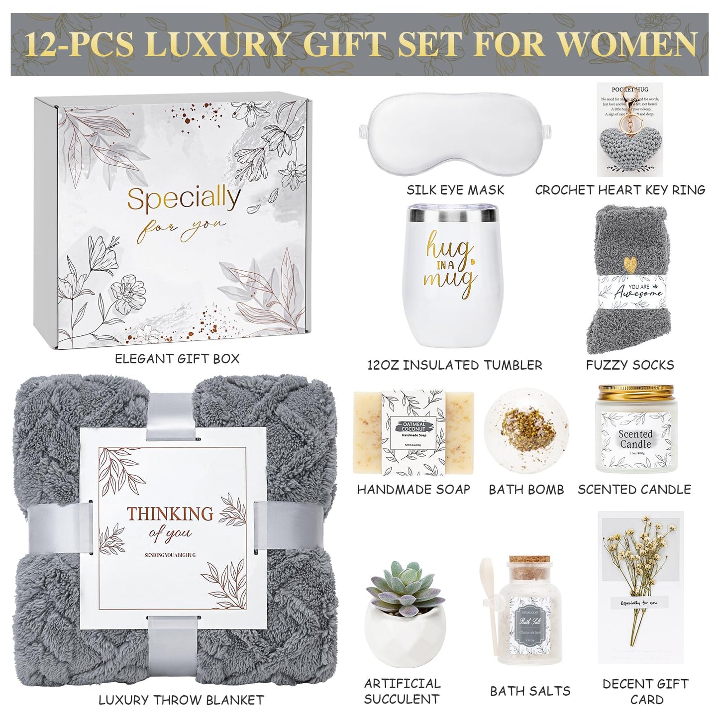 Get Well Gifts for Women Self Care Gifts Basket - Relaxing Spa Care Package After Surgery Mothers Day gifts - Feel Better Sympathy Mothersday Birthday Gift for Her Mom Sister Friend Wife (Gray)