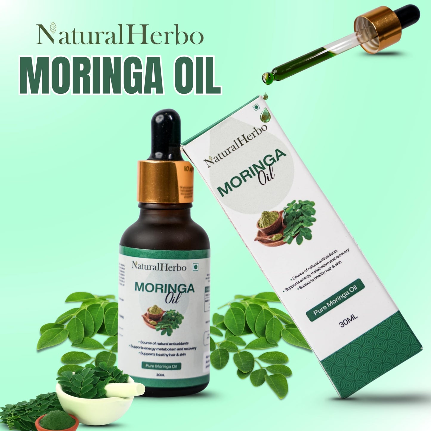 NaturalHerbo Moringa Seed Oil Pure, Cold Pressed, Oleifera Seed Oil | Behenic-Rich Herbal Oil for Skin, Hair, Scalp and Body, Fast-Absorbing Natural Moisturizer for Skin and Healthy Hair - 30 ML