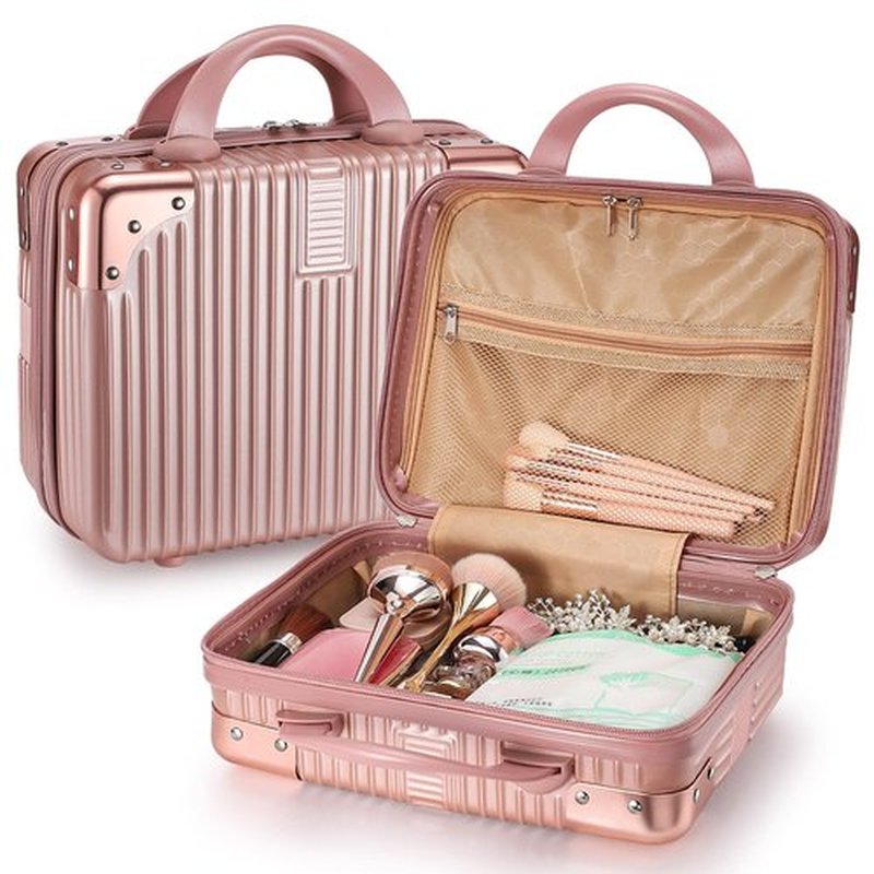 Noverlife Portable Makeup Travel Case Hand Luggage 12 Inch, Pressure-proof ABS Carrying Makeup Case Suitcase with Elastic Band, Small Hard Shell Cosmetic Case for Travel Camping Women Girl - Rose Gold