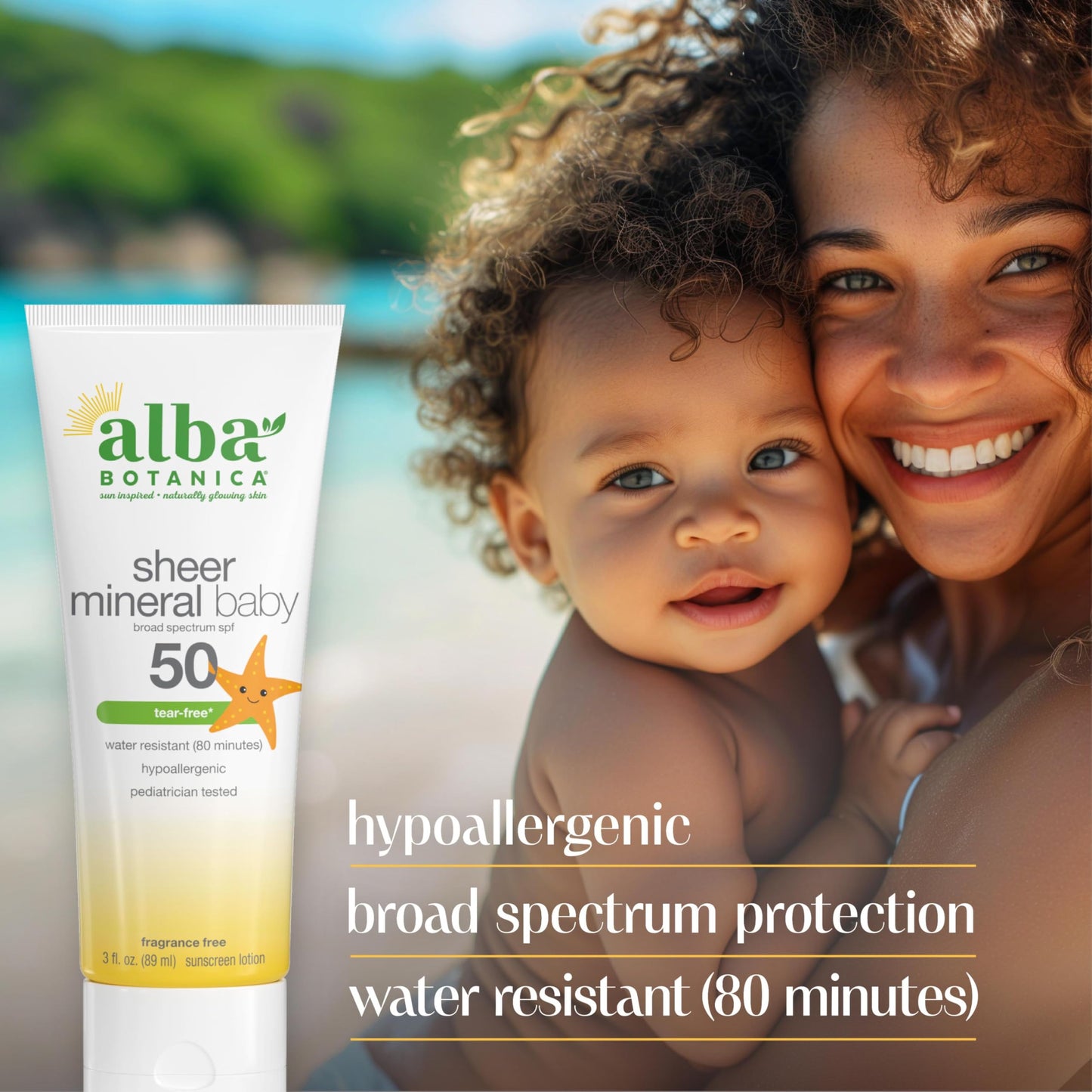 Alba Botanica Baby Sunscreen for Face and Body, Sheer Mineral Sunscreen Lotion, Broad Spectrum SPF 50, Water Resistant and Fragrance-Free, 3 Fl Oz (Packaging May Vary)